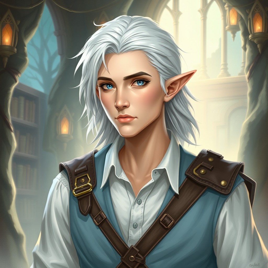 A portrait style illustration of a Dungeons & Dragons character, depicting a half-elf mage with pale skin and feathery white hair