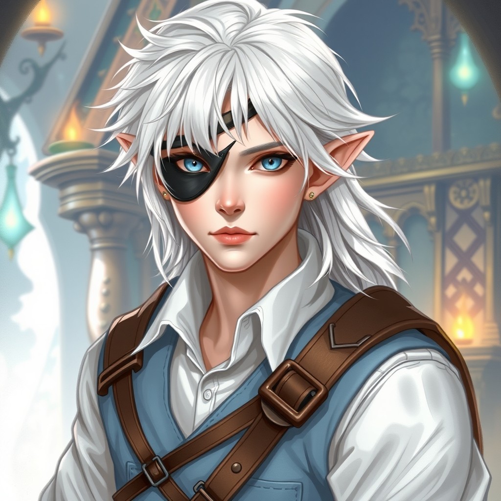 A portrait style illustration of a Dungeons & Dragons character, showcasing a half-elf mage with pale skin and feathery white hair