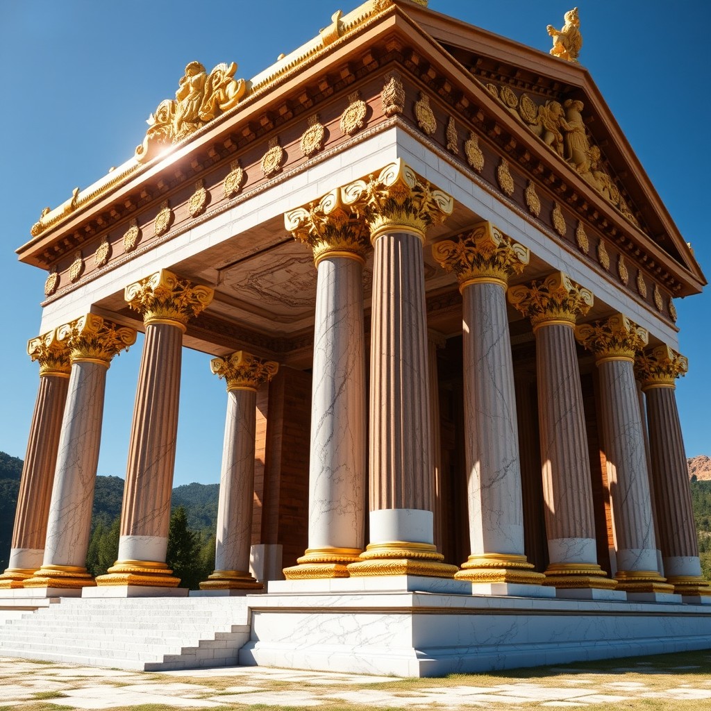 A gigantic temple made of Lebanese cedar adorned with gold, featuring majestic marble pillars, standing on a vast terrain