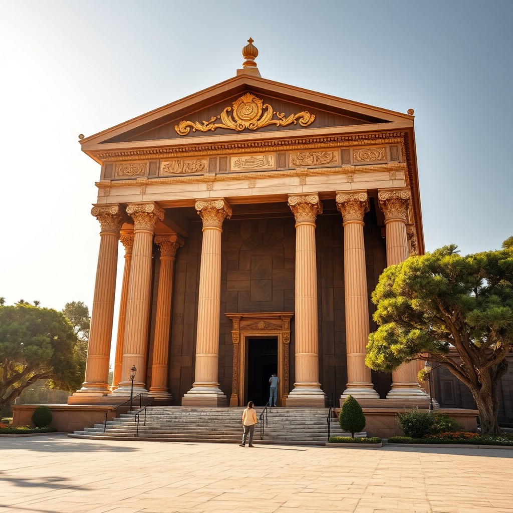 A gigantic temple made of Lebanese cedar wood, adorned with gold accents and featuring majestic marble pillars