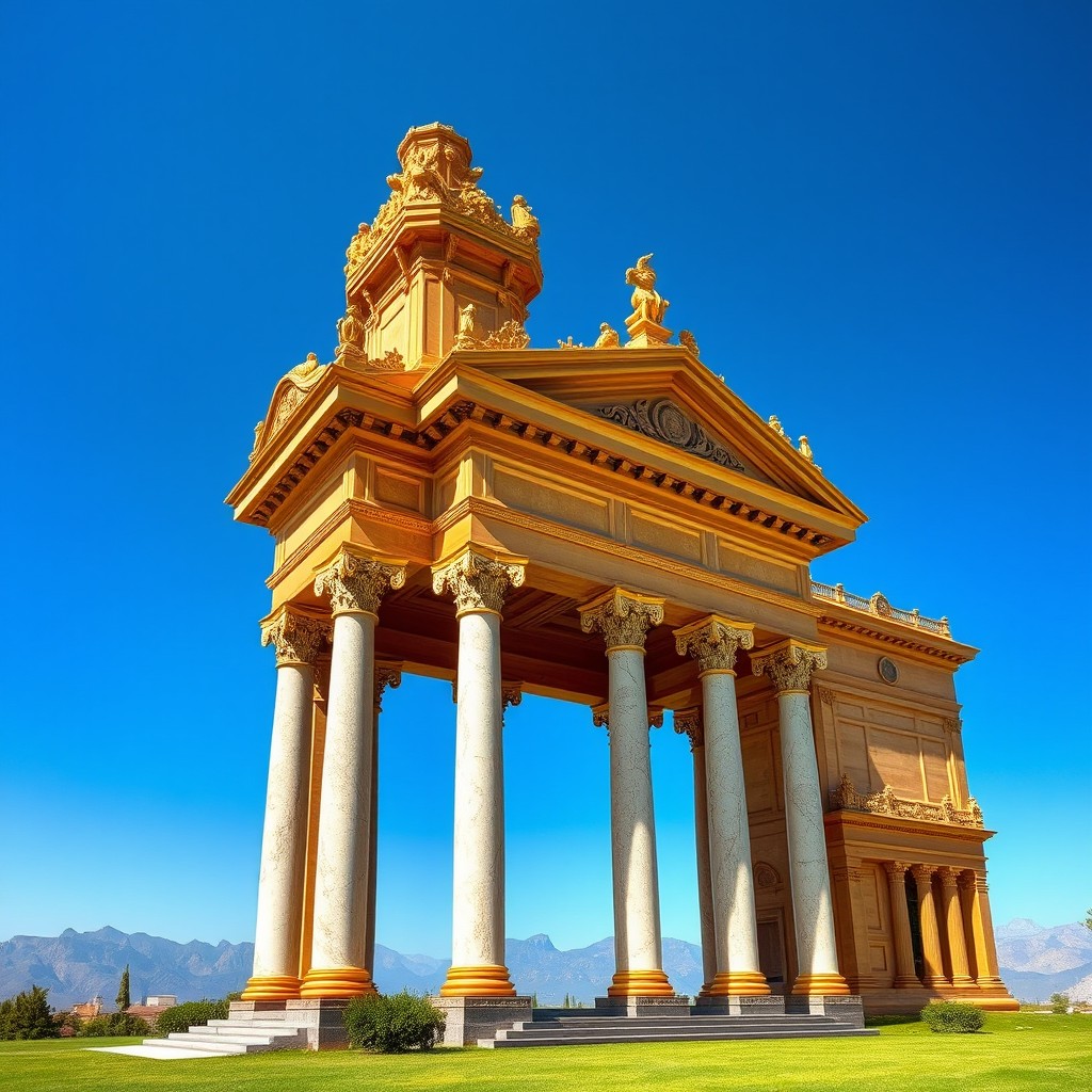 A gigantic temple made of Lebanese cedar, adorned with gold accents and featuring majestic marble pillars, situated in a vast landscape