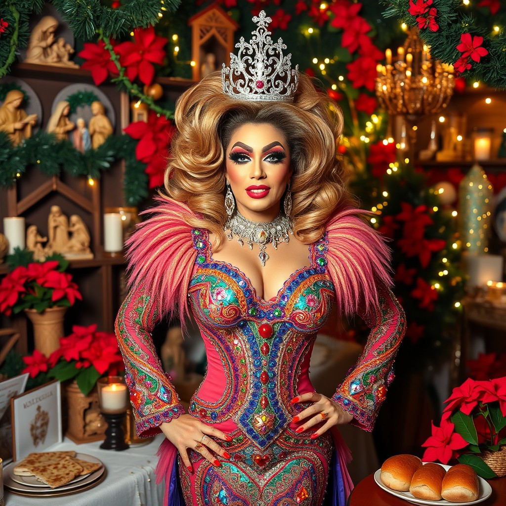A vibrant and festive scene featuring a glamorous drag queen celebrating Christmas in Venezuela