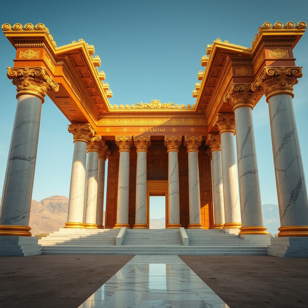 A gigantic temple made of Lebanese cedar, adorned with gold, featuring grand marble pillars, set on a vast terrain