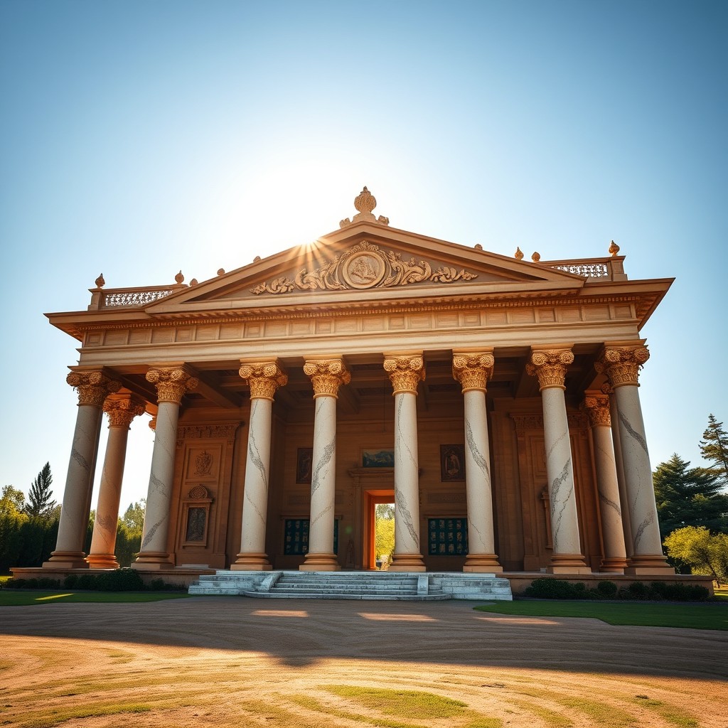 A gigantic temple made of Lebanese cedar wood, adorned with gold accents and featuring marble pillars