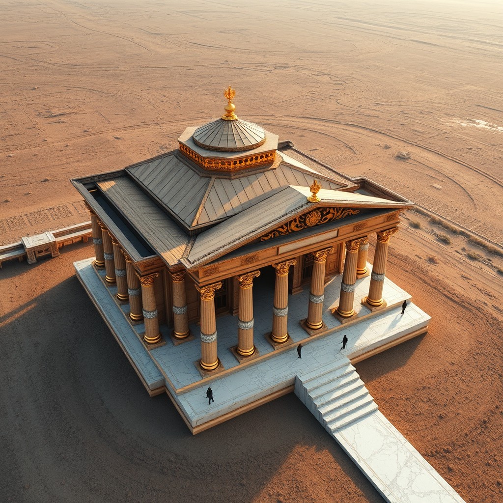 A gigantic temple made of cedar wood from Lebanon, adorned with gold decorations and featuring marble pillars, situated in a vast landscape