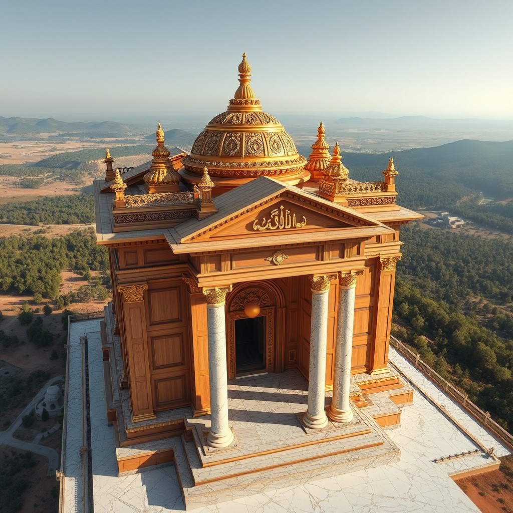 A gigantic temple made of cedar wood from Lebanon, adorned with gold accents and featuring marble pillars, set in a vast landscape