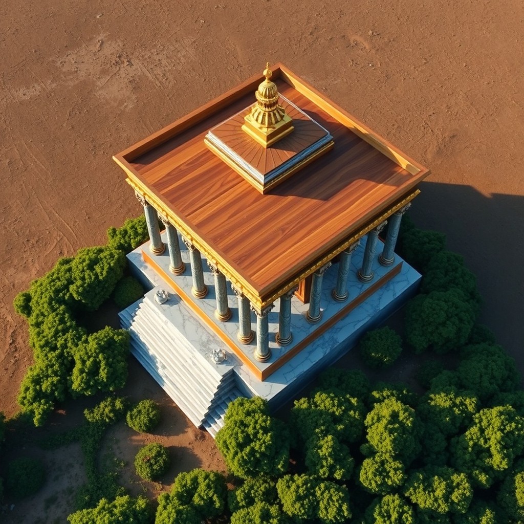 A gigantic rectangular temple made of Lebanese cedar wood, adorned with gold accents and featuring marble pillars