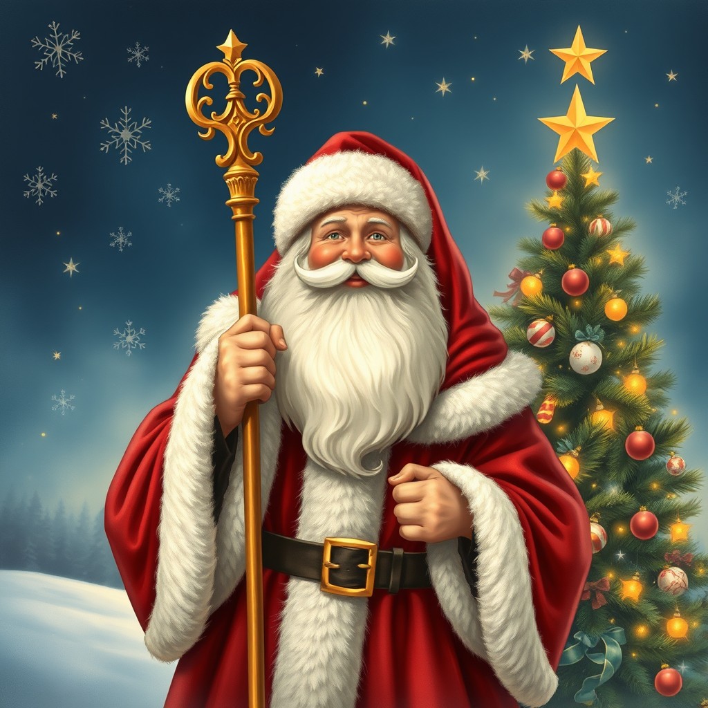 A classic depiction of Saint Nicholas, adorned in traditional red robes with white fur trim, holding a golden staff