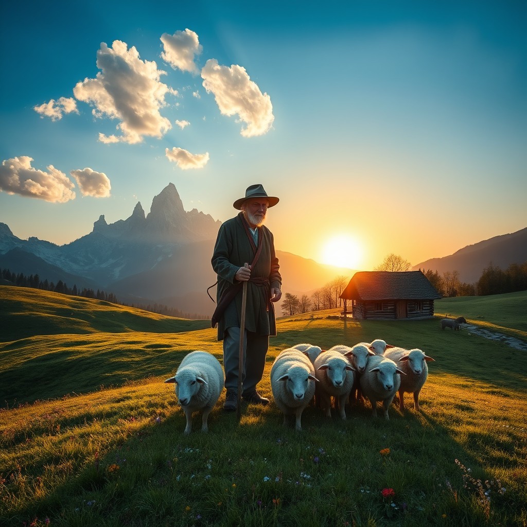 A serene pastoral scene featuring a shepherd tending to a flock of sheep on a rolling green hillside