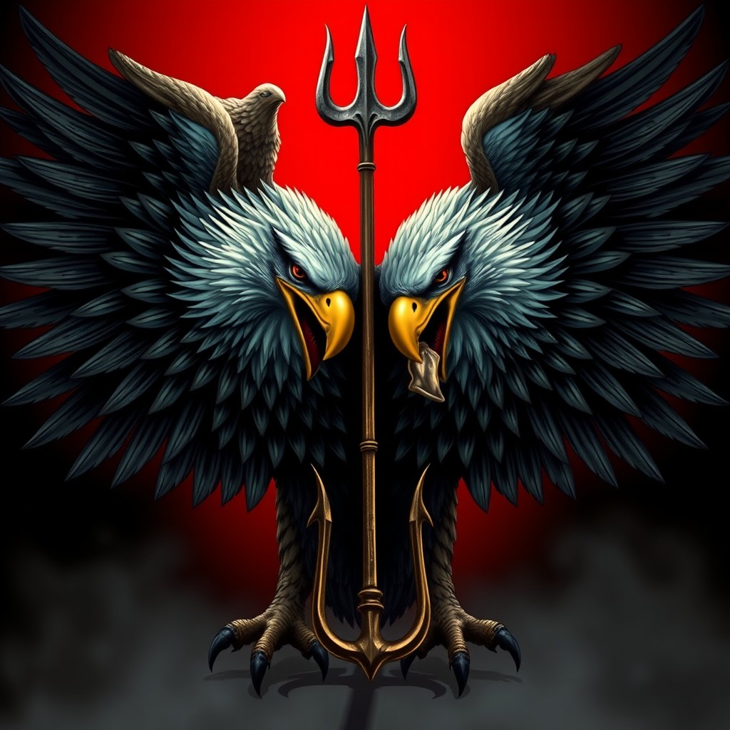 A dramatic depiction of a two-headed eagle with its neck pierced by a trident, symbolizing a fierce struggle or conflict