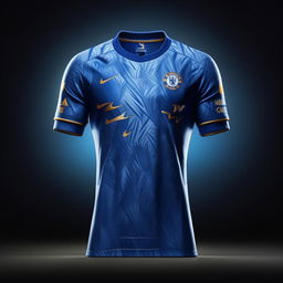 An 8K resolution, 1080HP picture quality depiction of a brand-new, luxurious Chelsea FC kit in shades of blue, white, and gold. The design embodies tradition, luxury, and supreme sports performance.