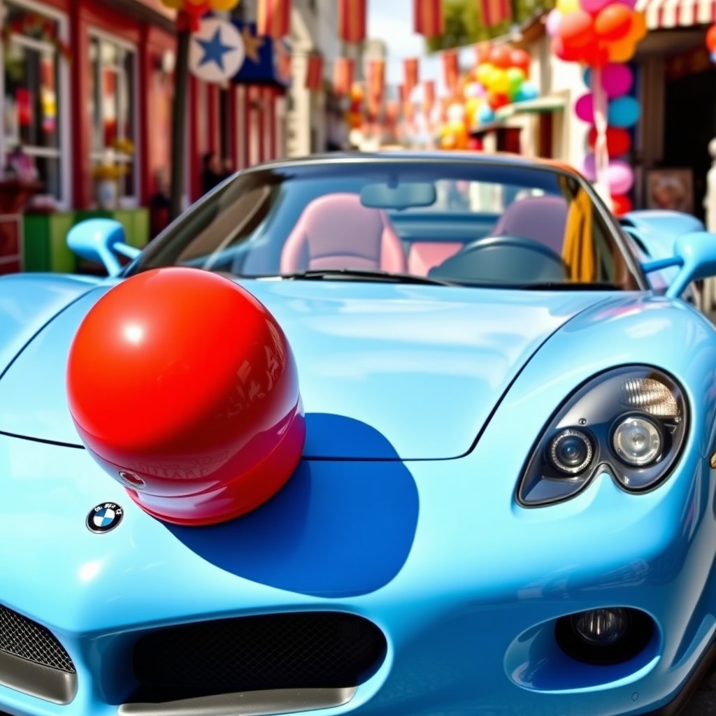 A bright blue sports car featuring a whimsical, oversized red clown nose attached to the front