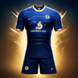 An 8K resolution, 1080HP picture quality depiction of a brand-new, luxurious Chelsea FC kit in shades of blue, white, and gold. The design embodies tradition, luxury, and supreme sports performance.