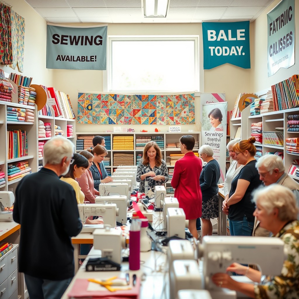 An inviting sewing shop interior, filled with colorful fabrics and patterns displayed on shelves