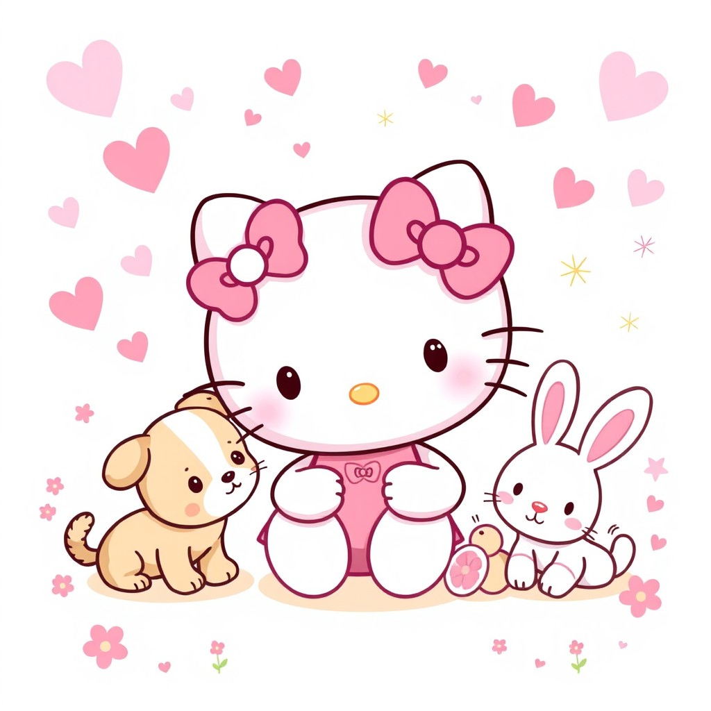 A charming and whimsical illustration of Hello Kitty, the iconic character, portrayed in her signature outfit with a pink bow on her left ear