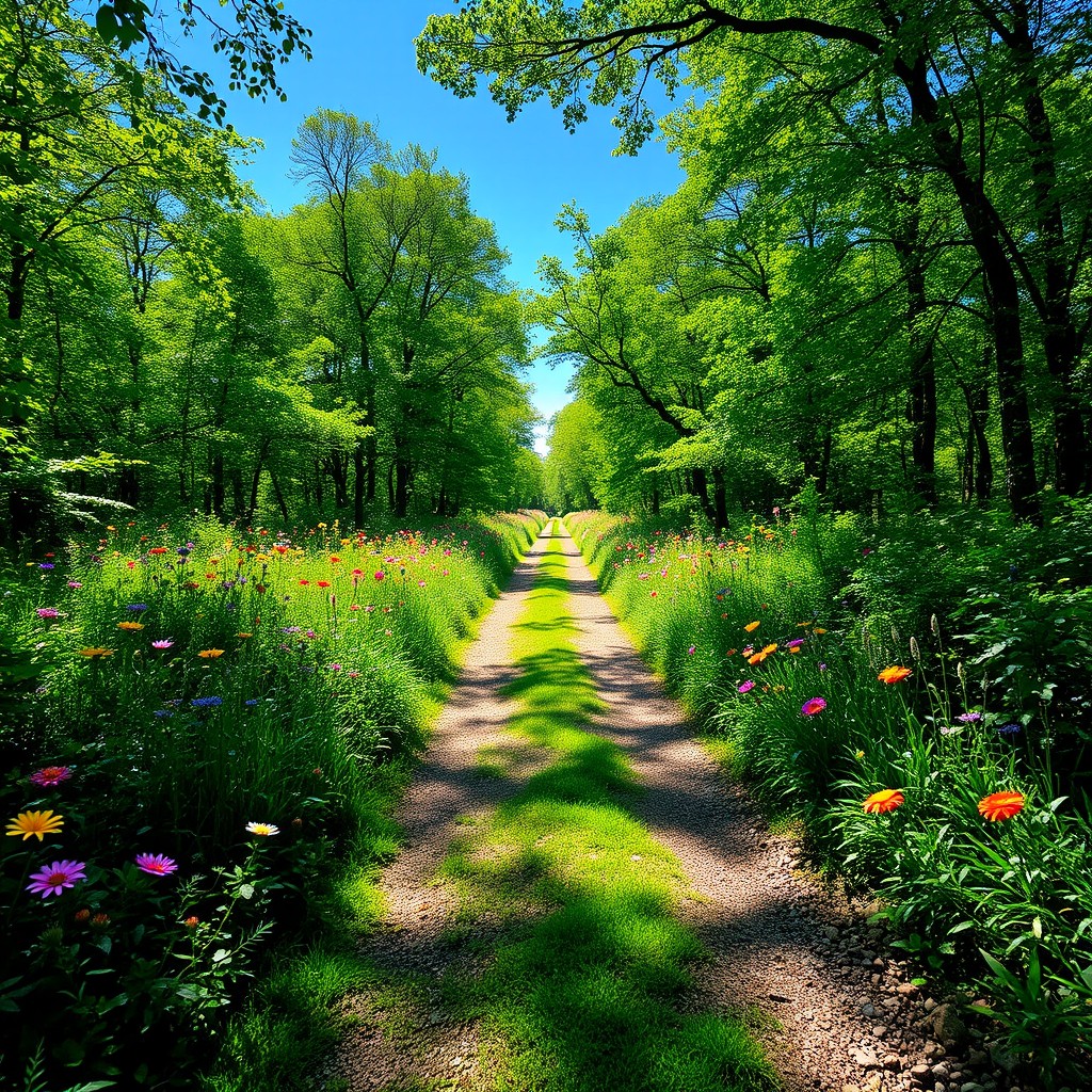 A serene pathway through a lush green forest, dotted with vibrant wildflowers in various colors, leading gently into the distance under a clear blue sky