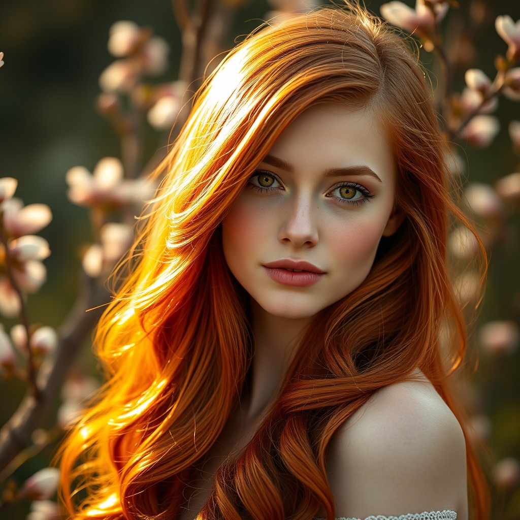 A stunning portrait of a beautiful Polish redhead with vibrant auburn hair cascading down her shoulders