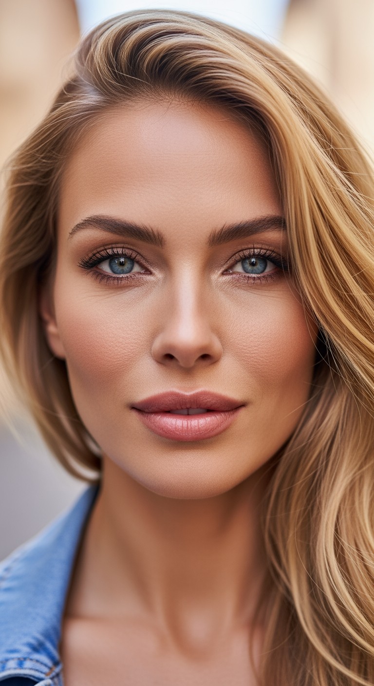 A close-up portrait of a beautiful 40-year-old Italian woman with natural makeup, long blonde hair, and striking blue eyes