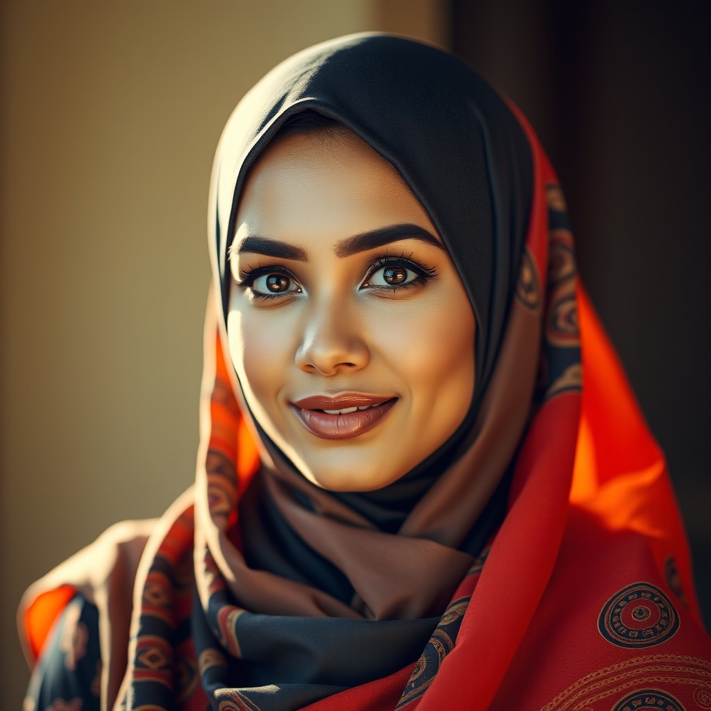 A portrait of a beautiful woman wearing a hijab, elegantly styled and colorful