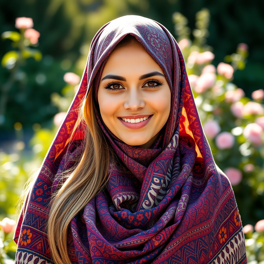 A beautiful woman wearing a colorful and intricately designed hijab, standing outdoors in a sunlit garden