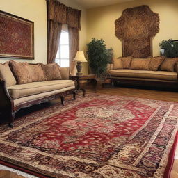 A royal oriental rug and salon cleaning service showcasing clean, well-kept oriental rugs and luxurious salon areas. Use warm, inviting colors to express cleanliness and comfort.