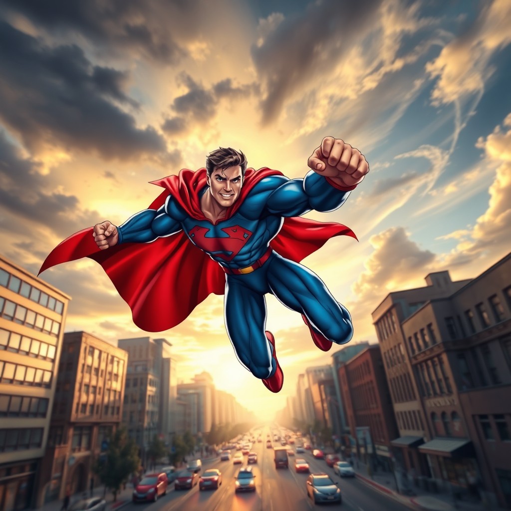 A dynamic action scene featuring a powerful superhero, mid-leap with a striking pose, surrounded by a cityscape