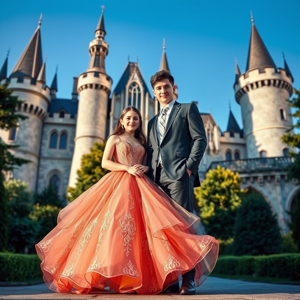 A beautiful girl in an elegant dress and a handsome young man standing together in front of a majestic castle