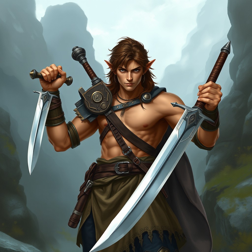 A male half-elf fighter stands confidently, wielding a scimitar in his right hand and a longsword in his left hand