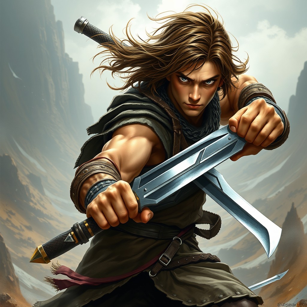 A male half-elf fighter in action, wielding a scimitar in his right hand and a longsword in his left