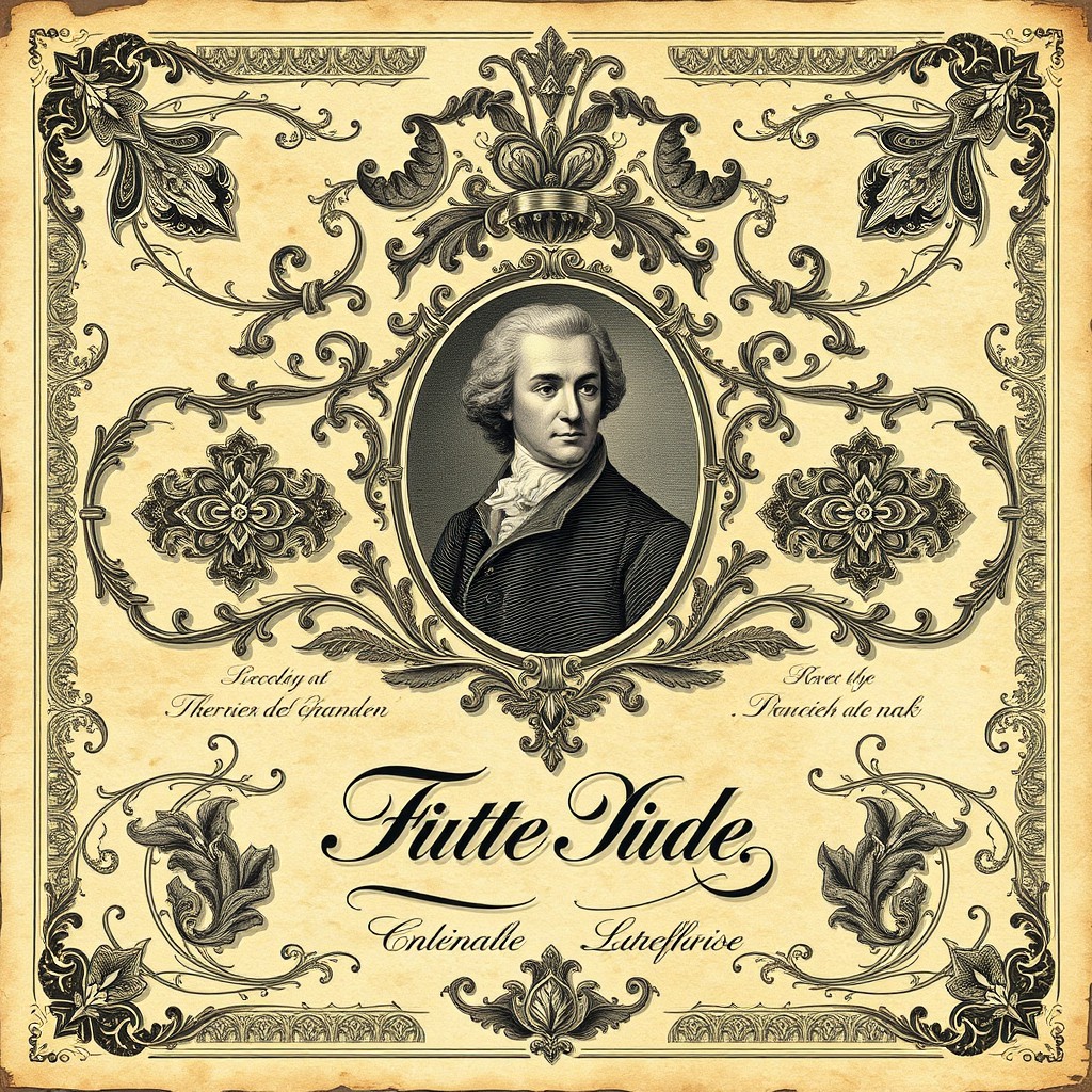 A vintage paper currency design from the late 1700s to the 1900s era, featuring intricate patterns, a central portrait of a historical figure, ornate borders, and decorative elements like vines and floral motifs