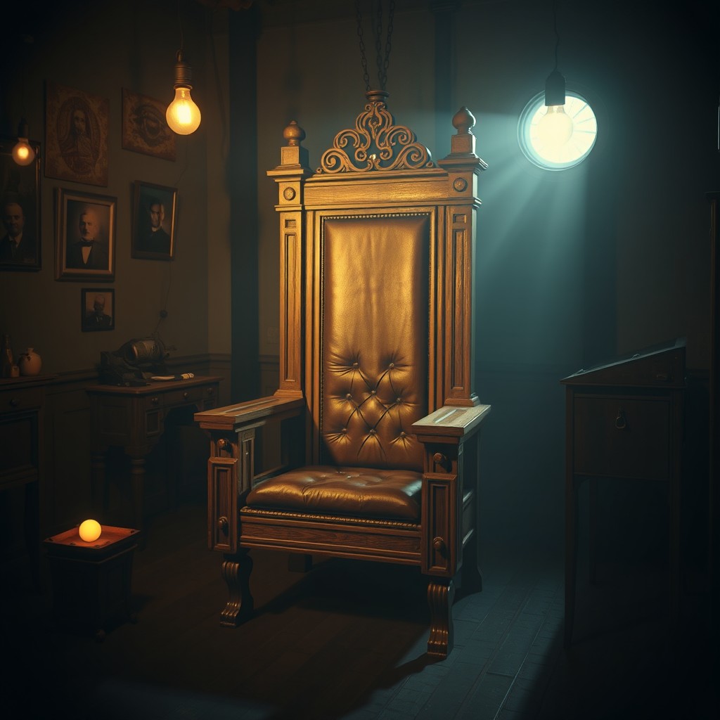 A detailed artistic representation of an electric chair designed in a vintage aesthetic, featuring intricate woodwork and leather upholstery, softly lit in a dramatic atmosphere