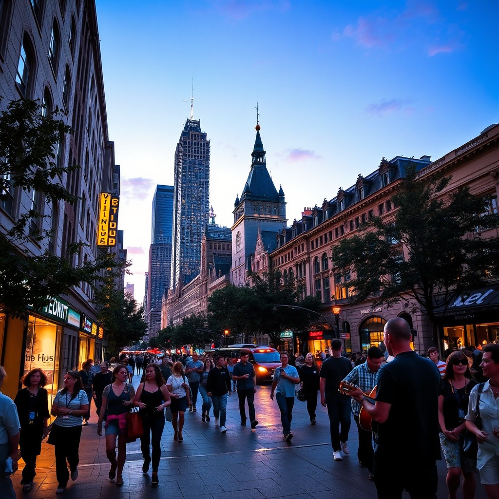 A vibrant city street at dusk, filled with people walking and bright shop lights illuminating the scene