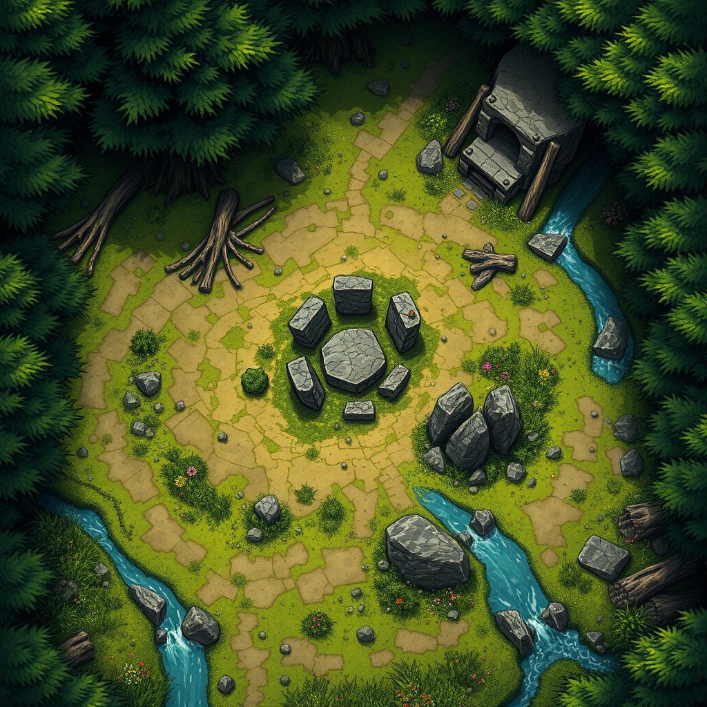 A detailed Dungeons and Dragons battle map featuring a fantasy forest clearing