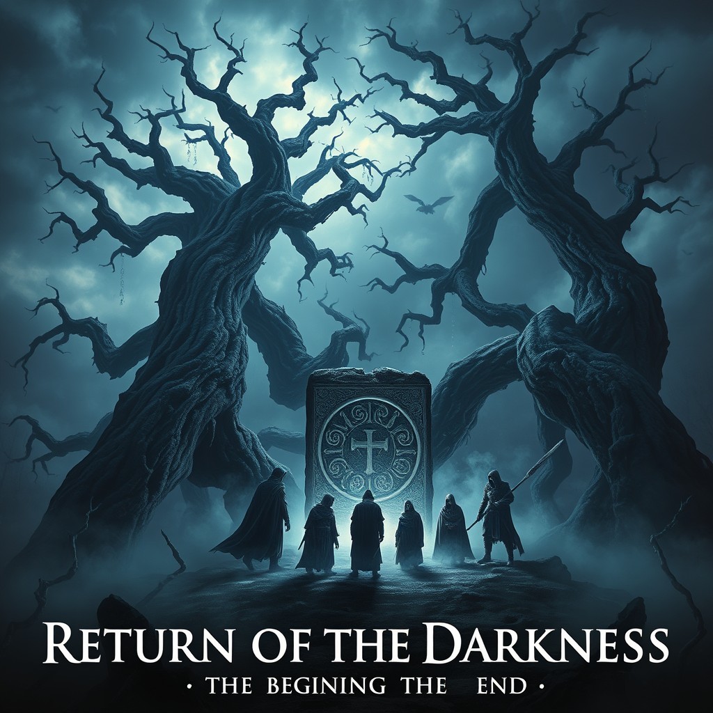 A dark fantasy scene titled 'Return of the Darkness: The Beginning of the End', depicting a mystical landscape under a stormy sky
