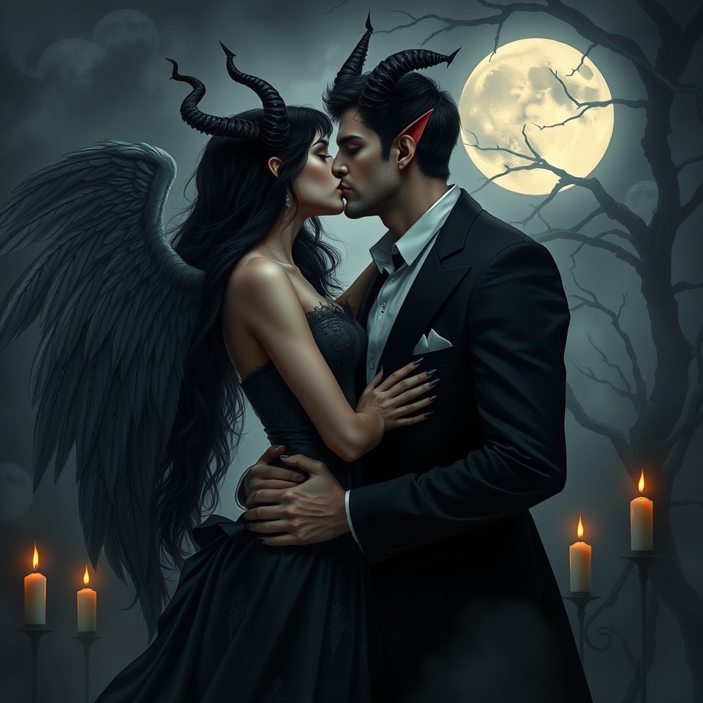A dark gothic scene featuring Lilith, the angel, and Lucifer, the devil, sharing a passionate kiss