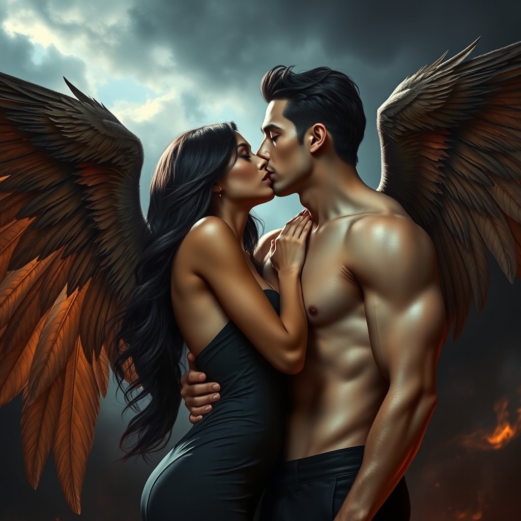 A dark tan angel named Lilith with majestic wings being intimate, kissing a strikingly handsome figure representing Lucifer
