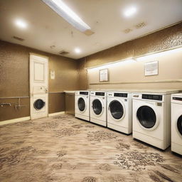 A high-end laundry facility dedicated to cleaning carpets and salon textiles, named 'Royal Carpet and Salon Laundry'. The atmosphere should be professionally clean with an assortment of luxurious carpets and salon materials.