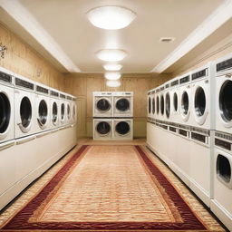 A high-end laundry facility dedicated to cleaning carpets and salon textiles, named 'Royal Carpet and Salon Laundry'. The atmosphere should be professionally clean with an assortment of luxurious carpets and salon materials.