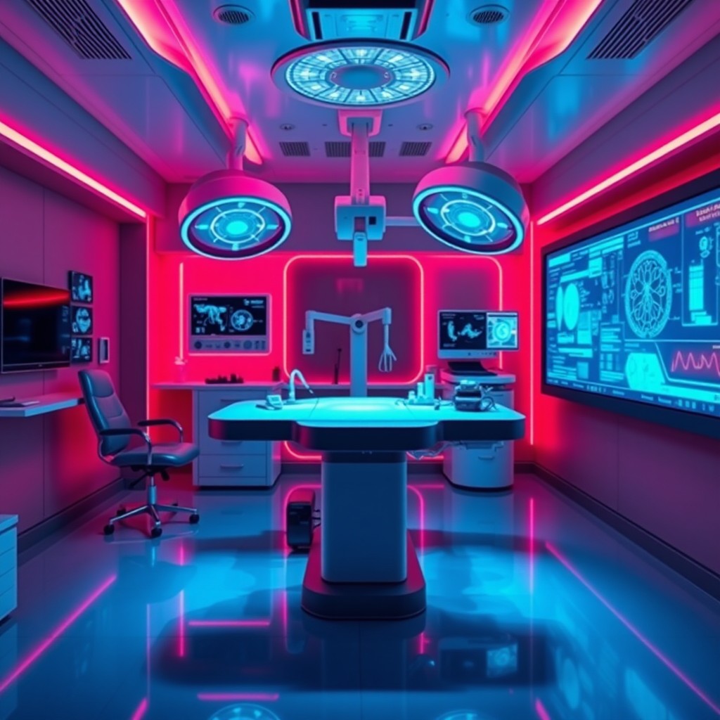 A futuristic cyberbank surgeon's office featuring a sleek, high-tech surgical table in the center
