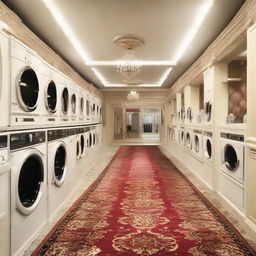 A high-end laundry facility dedicated to cleaning carpets and salon textiles, named 'Royal Carpet and Salon Laundry'. The atmosphere should be professionally clean with an assortment of luxurious carpets and salon materials.