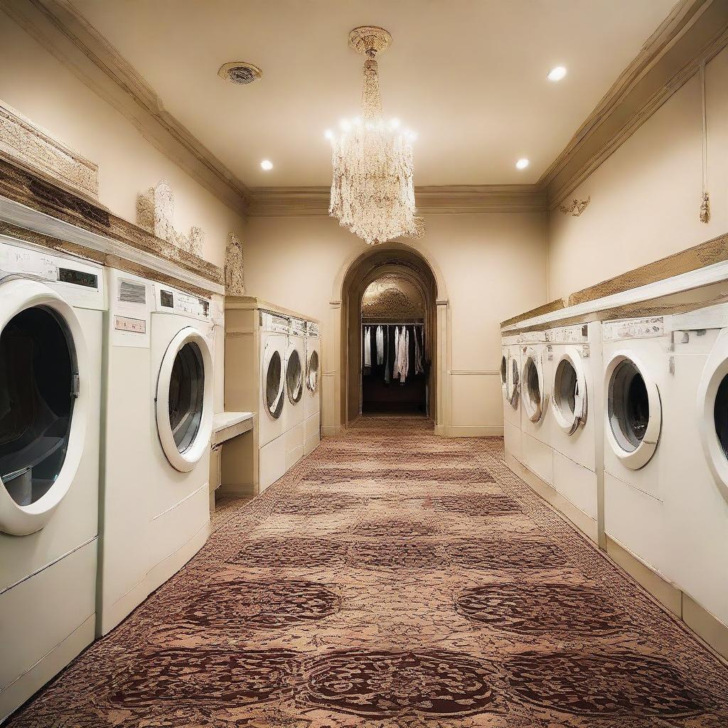 A high-end laundry facility dedicated to cleaning carpets and salon textiles, named 'Royal Carpet and Salon Laundry'. The atmosphere should be professionally clean with an assortment of luxurious carpets and salon materials.