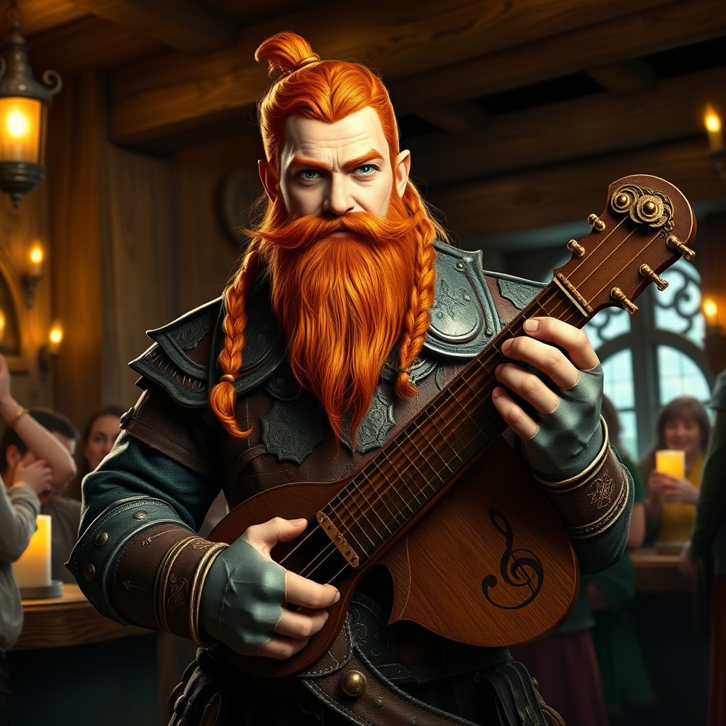 A stunning copper-haired dwarven bard with vibrant blue-green eyes