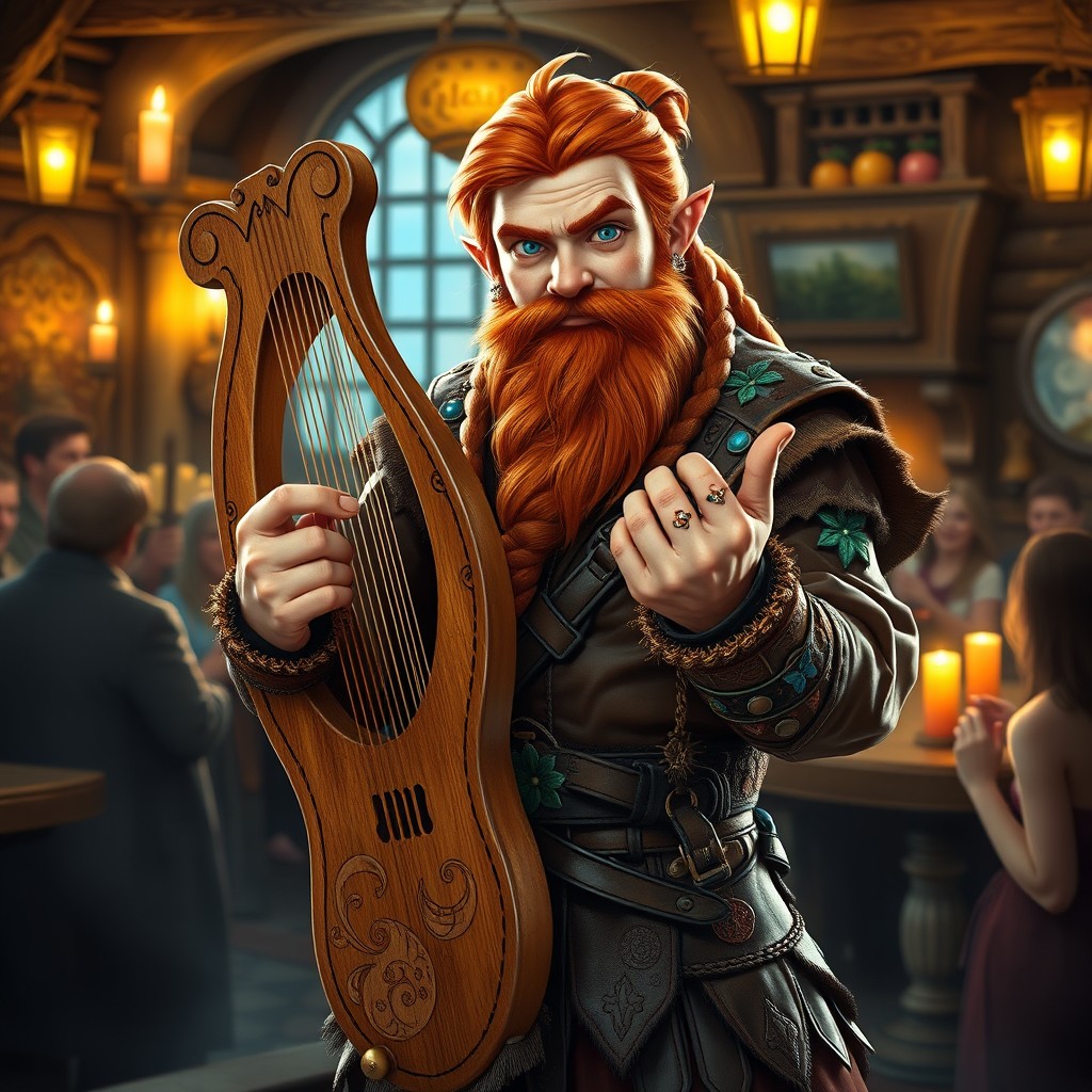 A captivating copper-haired dwarven bard with striking blue-green eyes, holding a beautifully crafted lyre