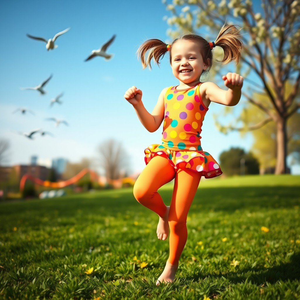 A vivid, colorful scene featuring a young girl wearing bright, playful spandex, engaged in a joyful activity like jumping or dancing in a sunny park