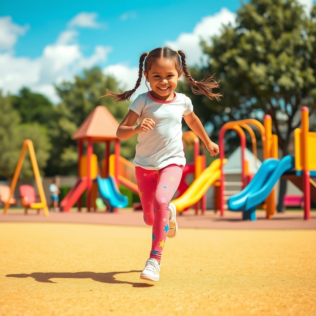A vibrant and cheerful scene featuring a young girl wearing colorful spandex leggings with fun patterns like stars or flowers