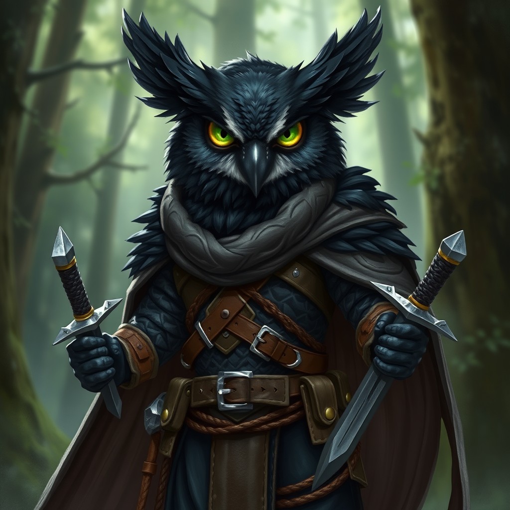 An owlin character from Dungeons & Dragons, featuring sleek black feathers and striking green eyes