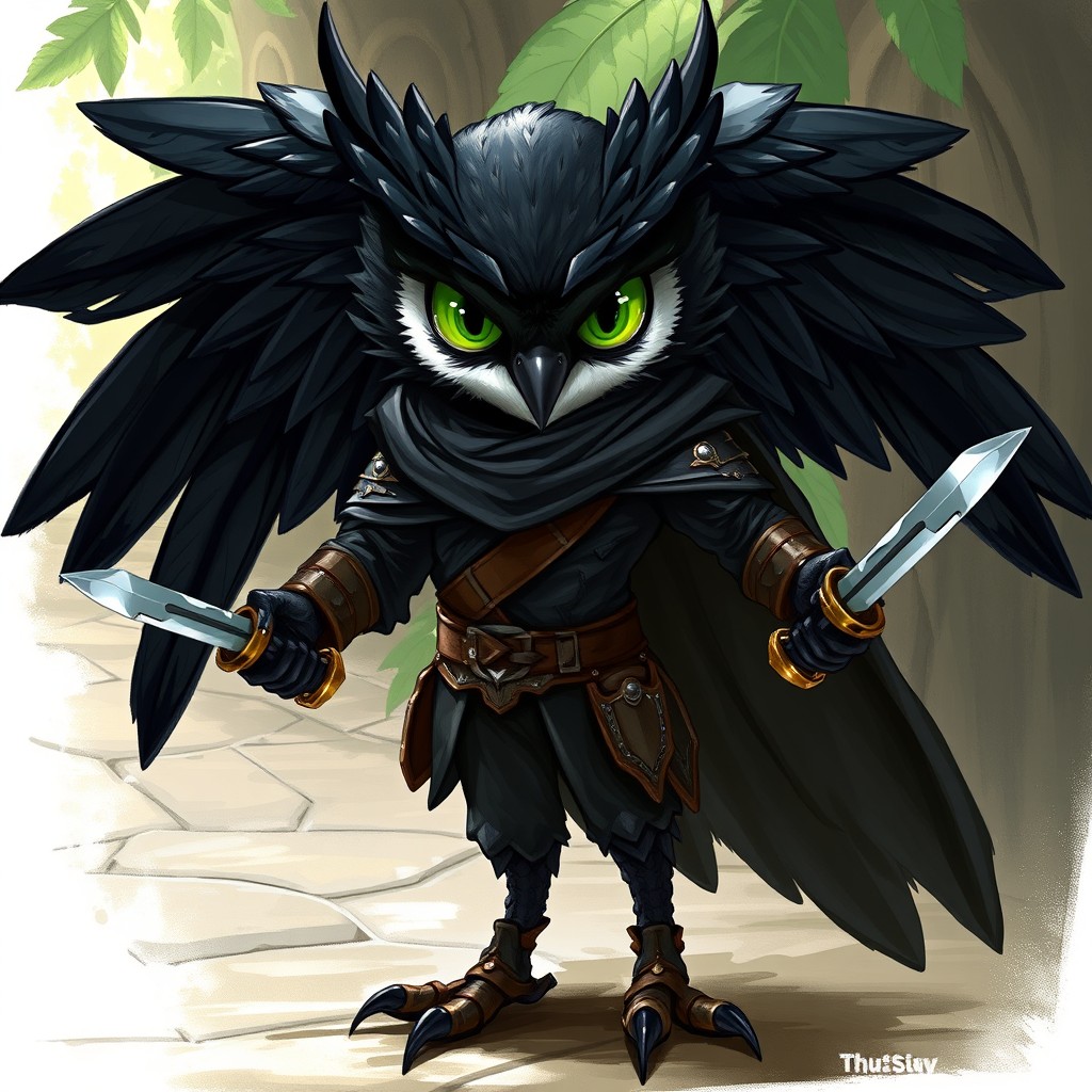 A humanoid owlin character with striking black feathers, exuding an air of mystique