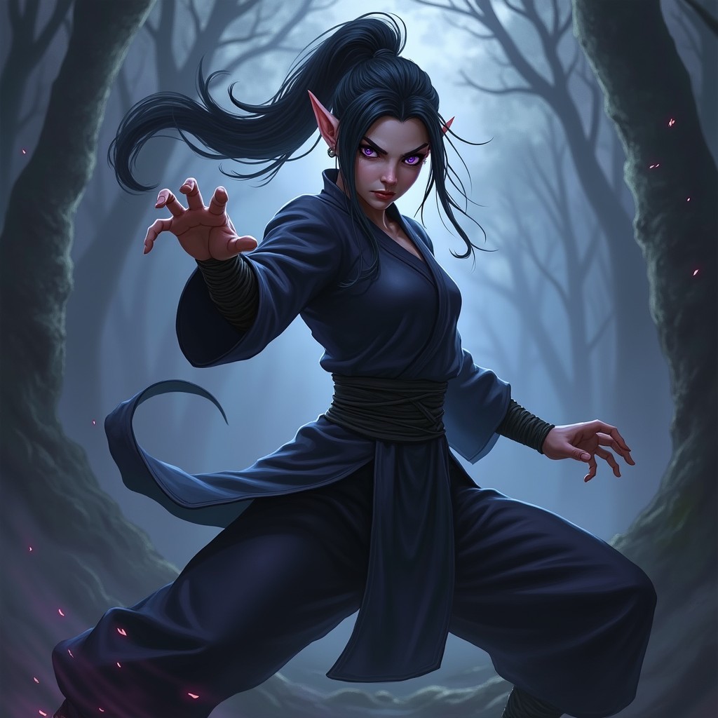 A fierce female shadow elf monk in a dynamic pose, preparing for battle
