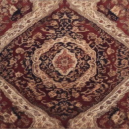 A detailed view of a luxurious traditional Persian carpet with intricate floral patterns woven in deep, rich colors.