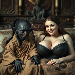 In a medieval bedroom, two figures are lying on a richly adorned bed